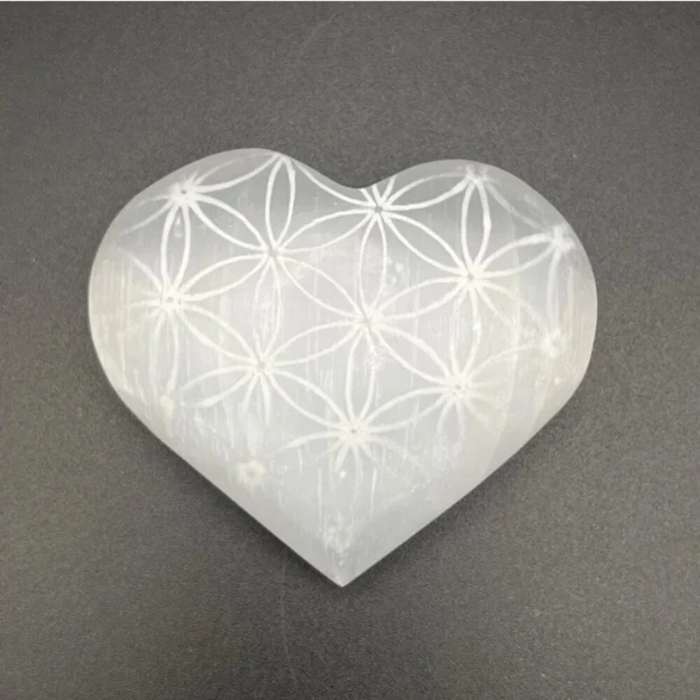 PRICE IS FIRM - Selenite Satin Spar Celtic Weave Etched Hand Carved Heart - Picture 1 of 6